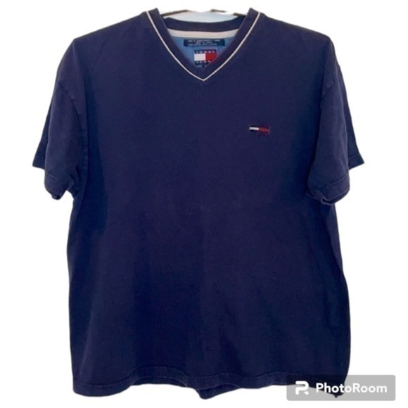 TOMMY HILFIGER | Women’s Embroidered TOMMY Flag Logo Navy Blue V-Neck Shirt - Picture 1 of 7